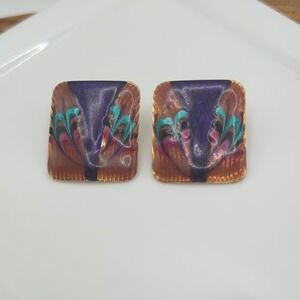 Square Enamel Earrings Swirled Design Orange Purple Blues Gold Tone Pierced VTG